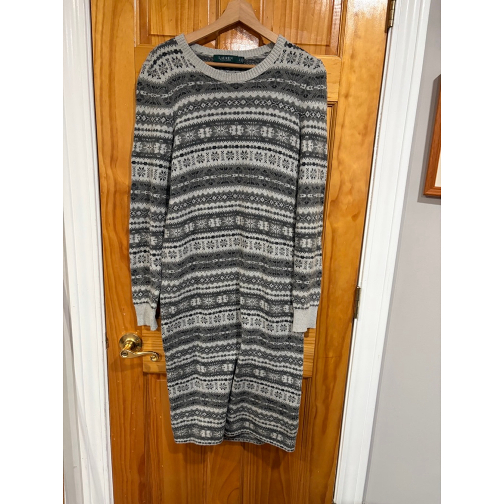 Lauren Ralph Lauren Fair Isle Knit Sweater Dress Gray Long Sleeve Size L